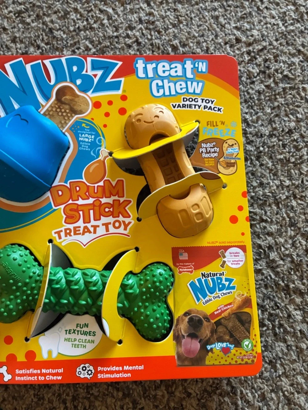 Nubz Treat 'N Chew Drum Stick Dog Toy Variety Pack - Blue, Yellow, Green